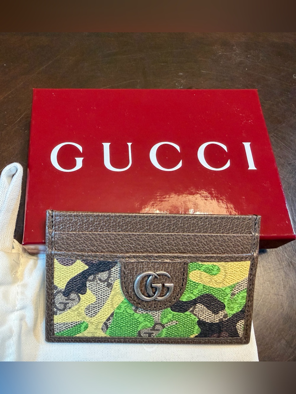 New Authentic Gucci GG Supreme Logo Card Case Wallet Brown Green Leather - Picture 3 of 9